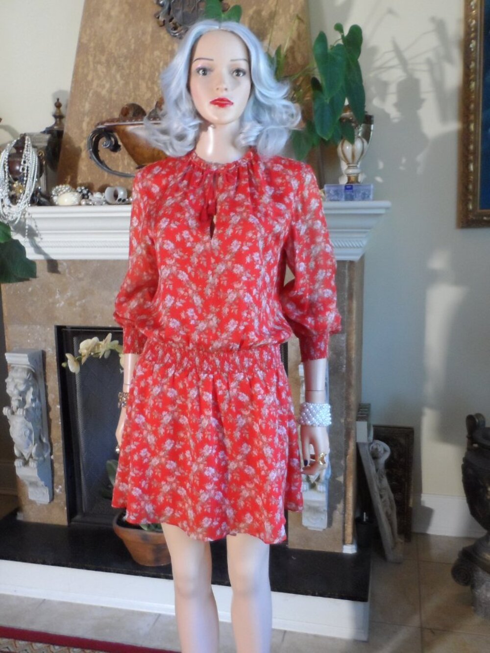 Intermix 100% SIlk Chiffon Red Floral Smocked Waist Mini Dress Size M